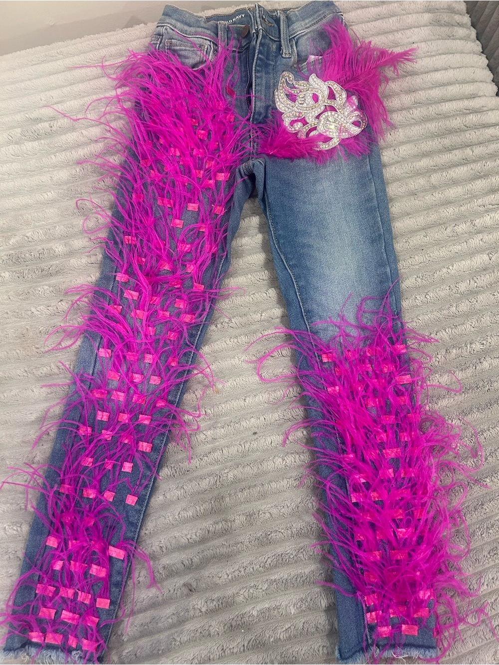 Women's Blue Denim Jeans with Hot Pink Feather Trim